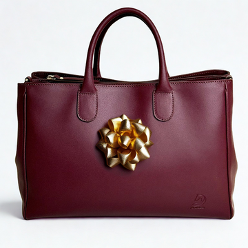 by Myriad luxury leather handbag gift card - maroon tote with gold bow - perfect gift for organized style