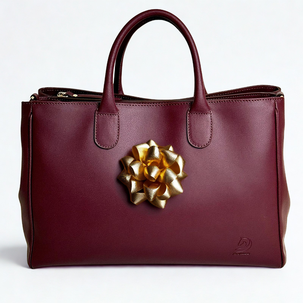 by Myriad luxury leather handbag gift card - maroon tote with gold bow - perfect gift for organized style