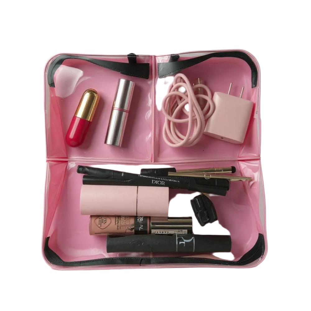 DivideNPac pink makeup pouch with organized beauty products - clear compartments for cosmetic storage