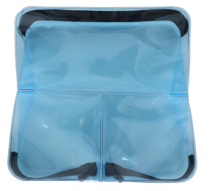 DivideNPac small blue makeup pouch with clear compartments - compact travel cosmetic organizer