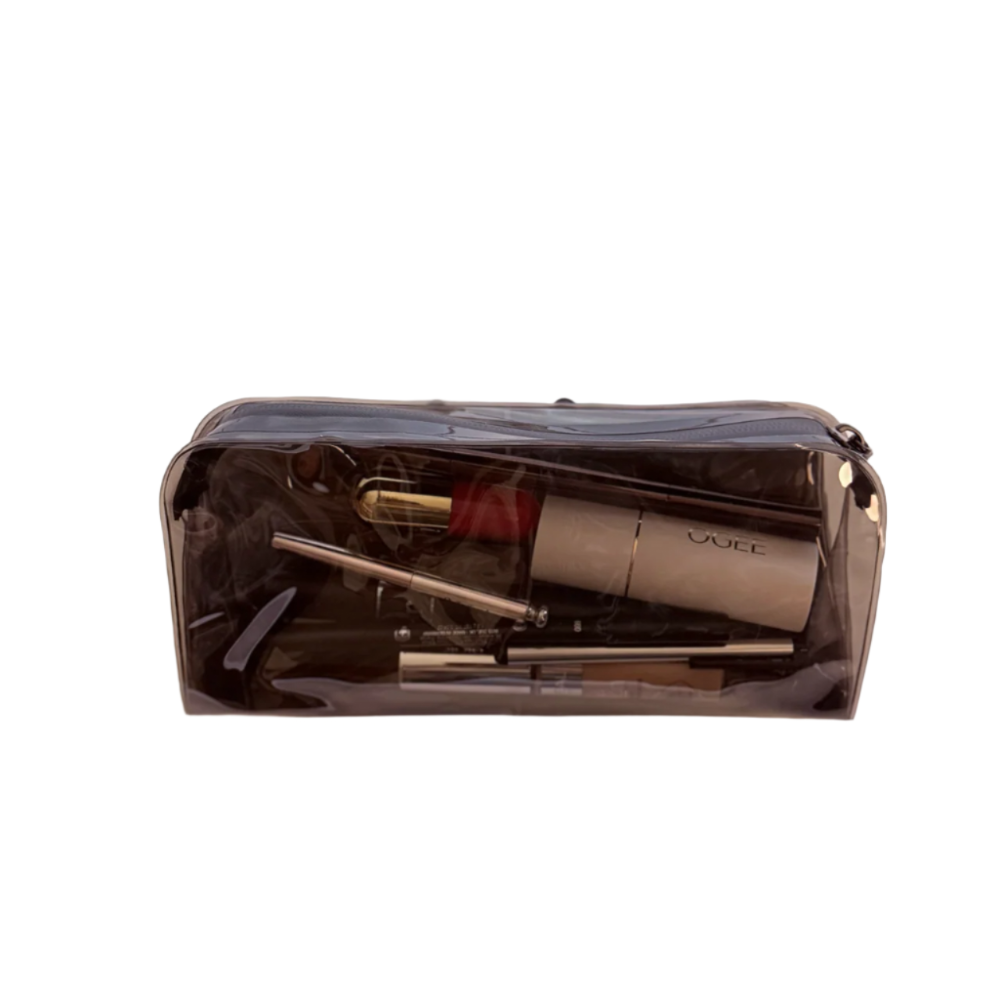 DivideNPac smoky quartz organizer folded in half - compact travel makeup pouch with cosmetics inside
