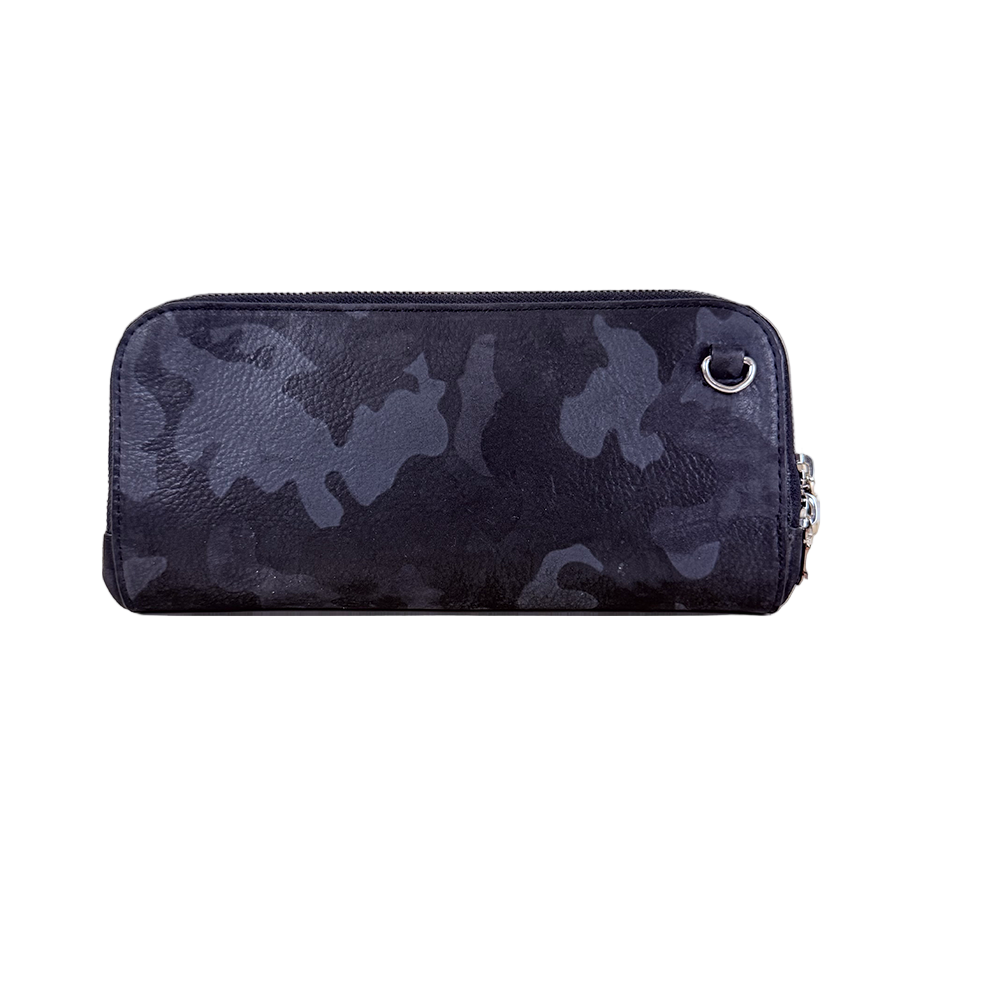 House of Alimena black camo clutch product shot - luxury leather handbag with organized compartments