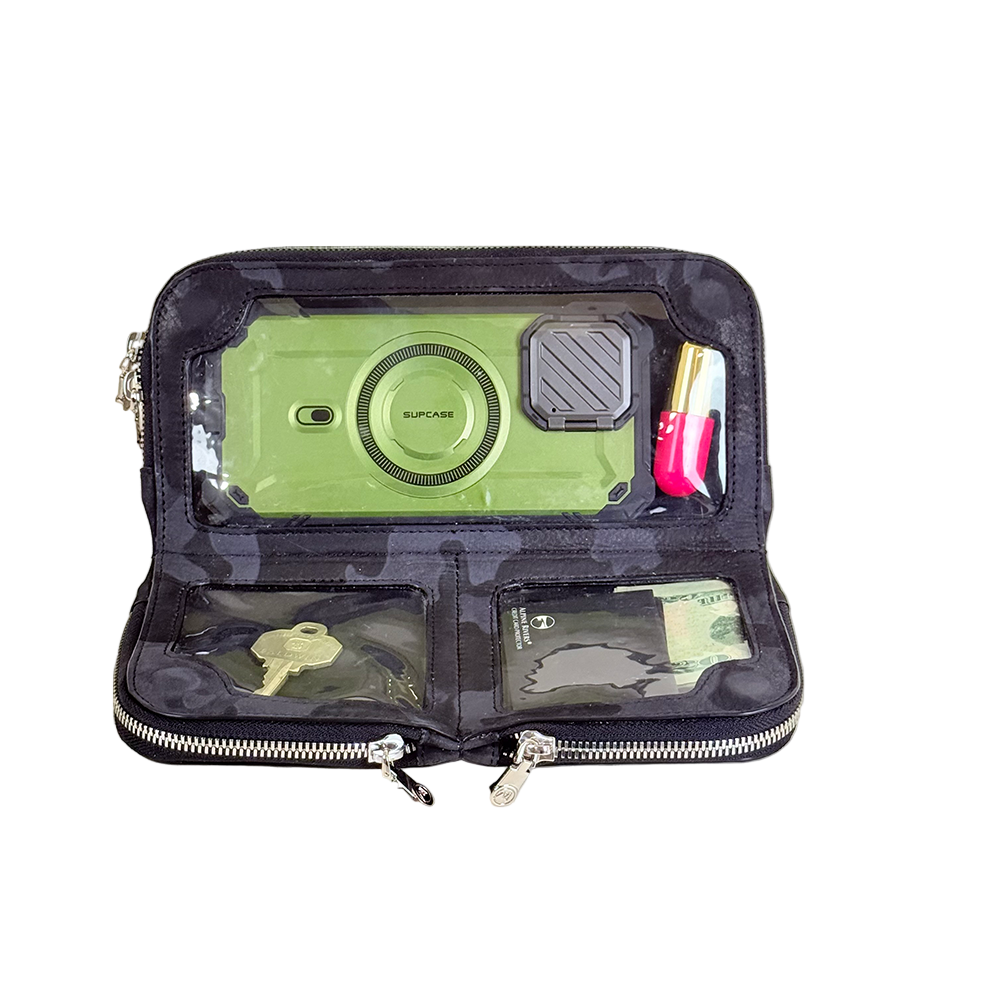 House of Alimena black camo clutch, open showing compartments - luxury leather with camera, keys, and travel essentials