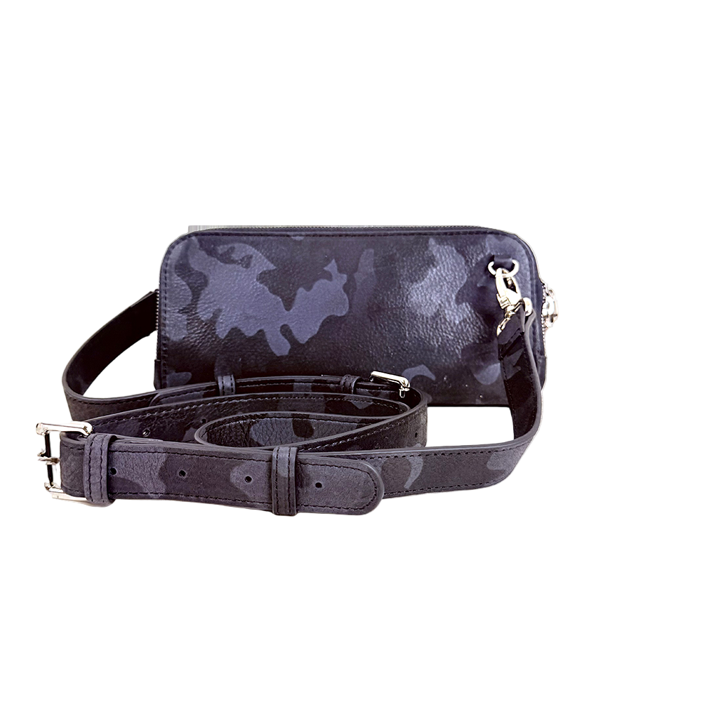 House of Alimena black camo crossbody bag with adjustable strap - luxury leather handbag with organized compartments