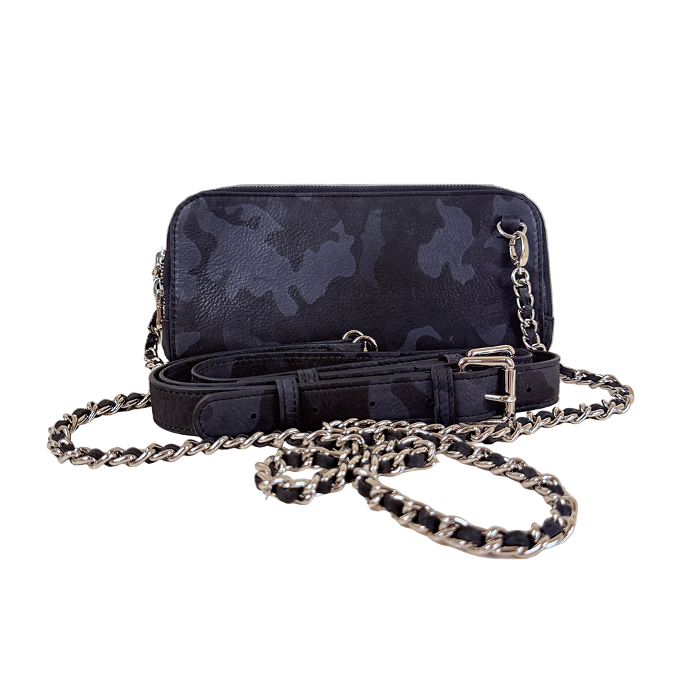 House of Alimena black camo shoulder bag with chain strap - luxury leather handbag with organized compartments