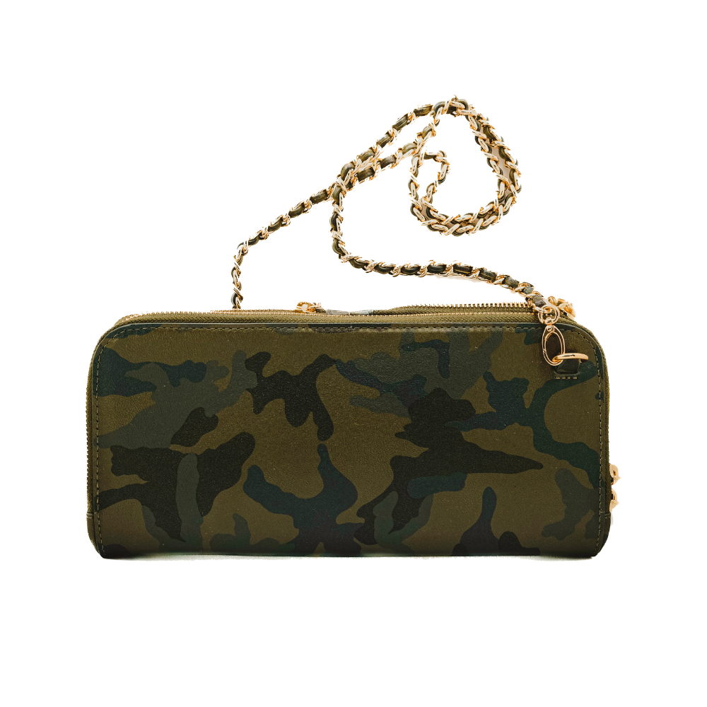 House of Alimena green camo clutch with chain strap - luxury leather handbag with organized compartments