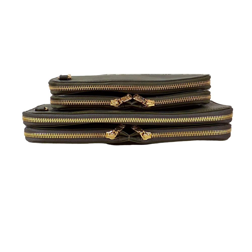 House of Alimena green camo clutches in two sizes (9x9 and 11x11) - luxury leather organizers with gold zippers