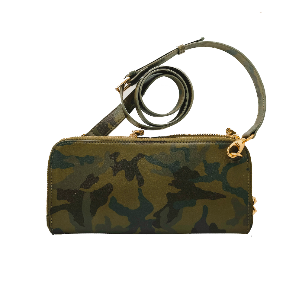House of Alimena green camo crossbody bag product shot - luxury leather handbag with organized compartments