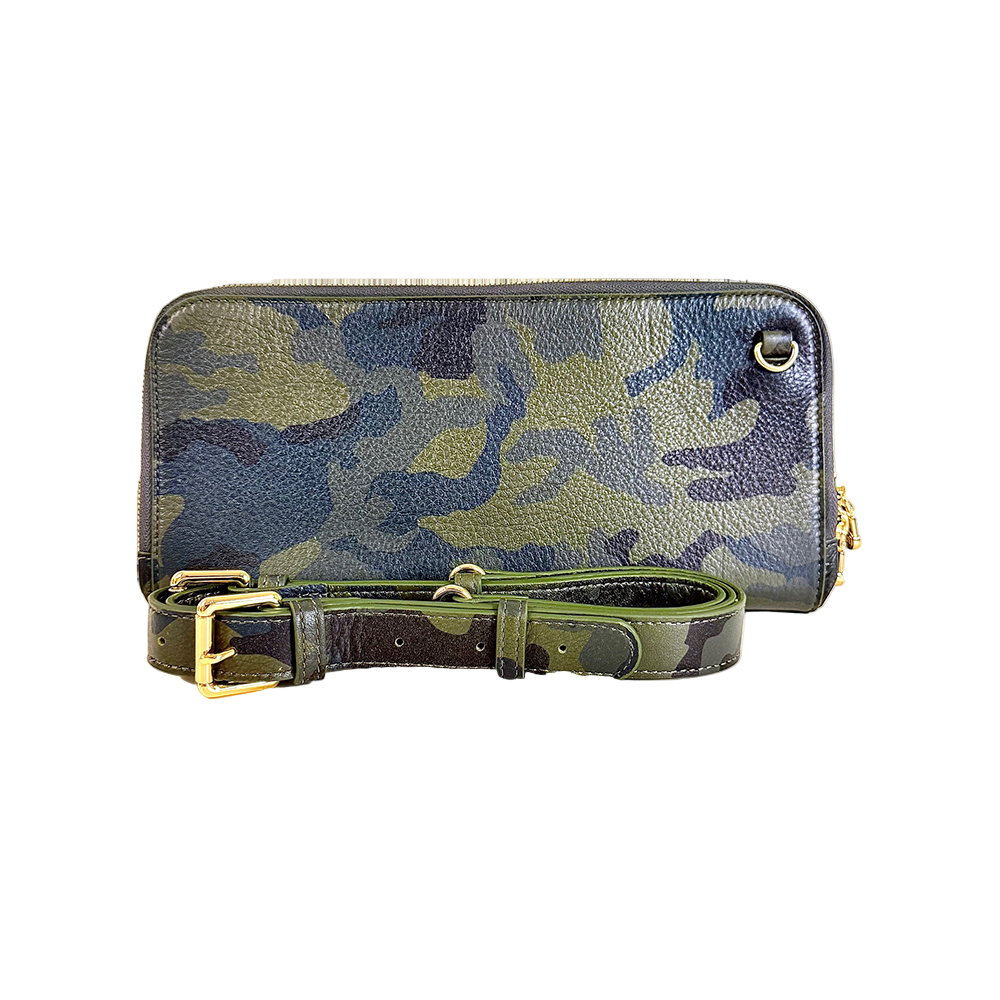 House of Alimena green camo travel wallet with strap - luxury leather wallet with organized compartments