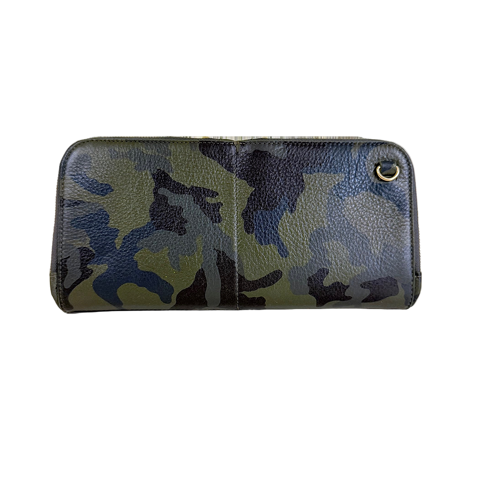 House of Alimena green camo wallet closed view - luxury leather wallet with organized compartments