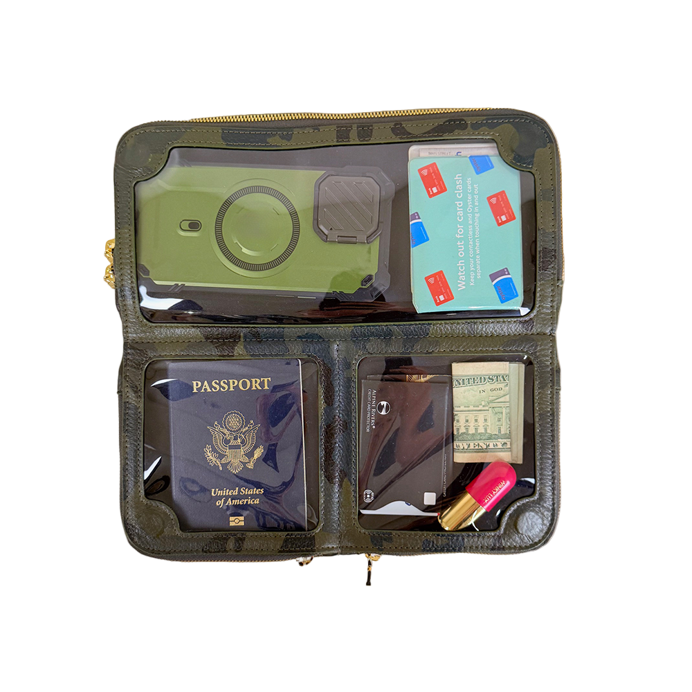 House of Alimena green travel wallet open showing organized compartments - luxury leather with passport, cards, and travel essentials